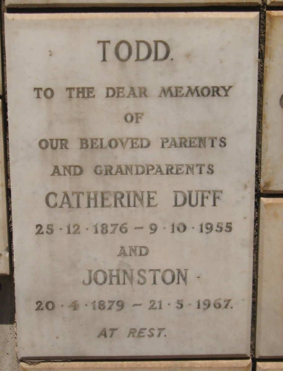 TODD Johnston 1879-1967 &amp; Catherine Duff 1876-1955