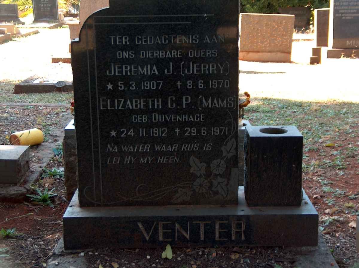 VENTER Jeremia J. 1907-1970 &amp; Elizabeth C.P. DUVENHAGE 1912-1971