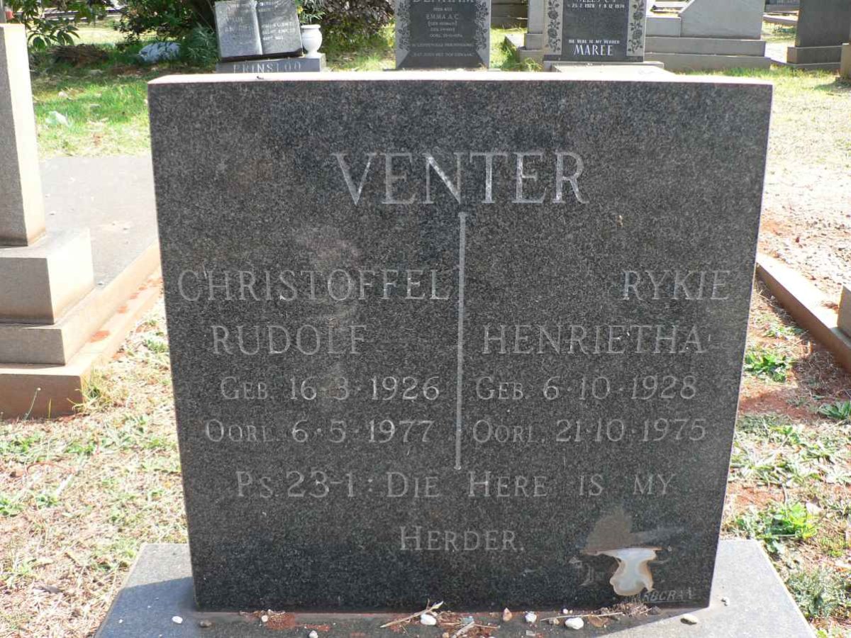 VENTER Christoffel Rudolf 1926-1977 &amp; Rykie Henrietha 1928-1975
