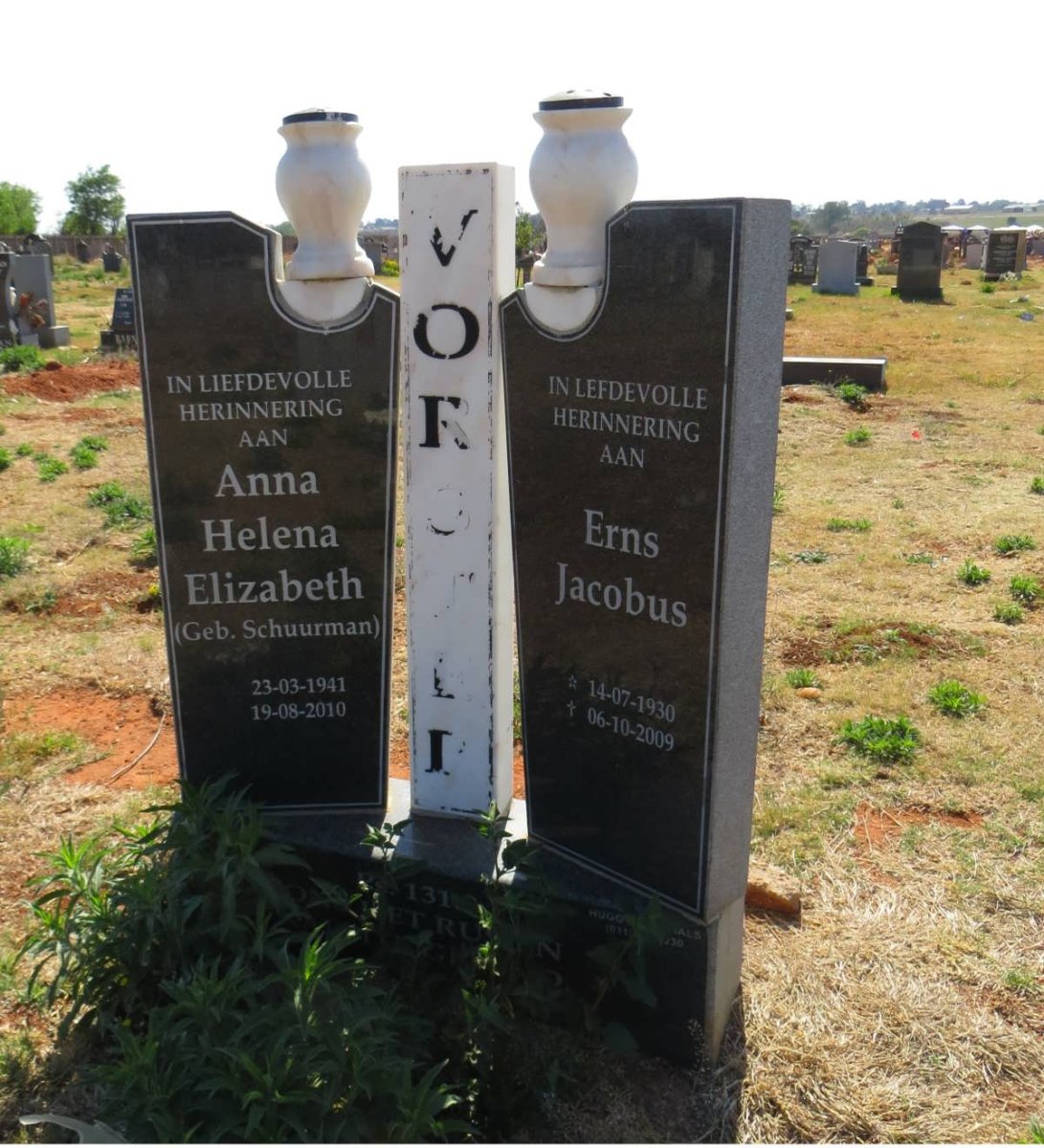 VORSTER Erns Jacobus 1930-2009 &amp; Anna Helena Elizabeth SCHUURMAN 1941-2010