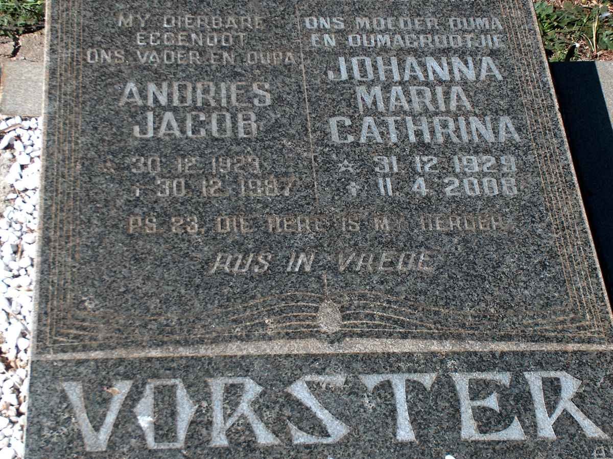 VORSTER Andries Jacob 1923-1987 &amp; Johanna Maria Cathrina 1929-2008