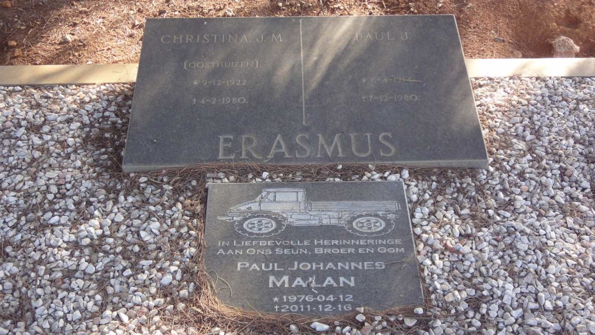 ERASMUS Paul J. 1914-1980 &amp; Christina J.M. OOSTHUIZEN 1922-1980 : MALAN Paul Johannes 1976-2011