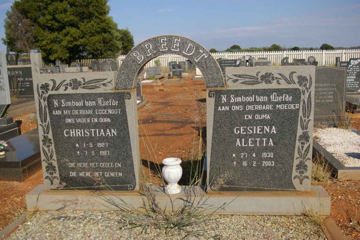BREEDT Christiaan 1927-1987 &amp; Gesiena Aletta 1930-2003