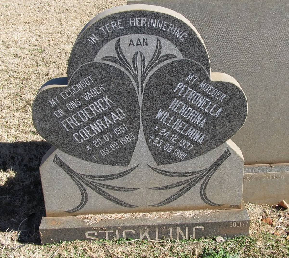 STICKLING Frederick Coenraad 1951-1989 &amp; Petronella Hendrina Willhelmina 1937-1999
