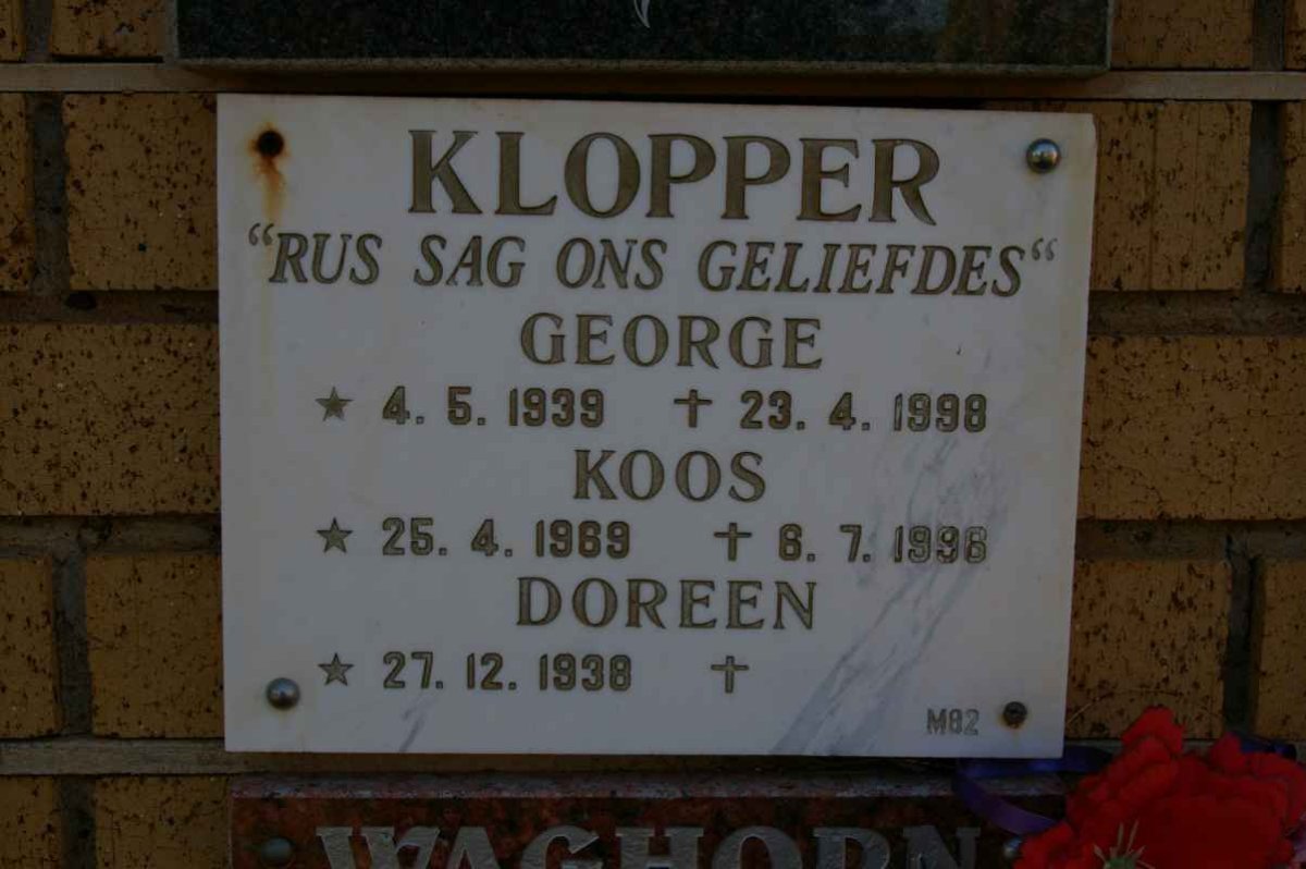 KLOPPER George 1939-1998 &amp; Doreen 1938- :: KLOPPER Koos 1969-1998