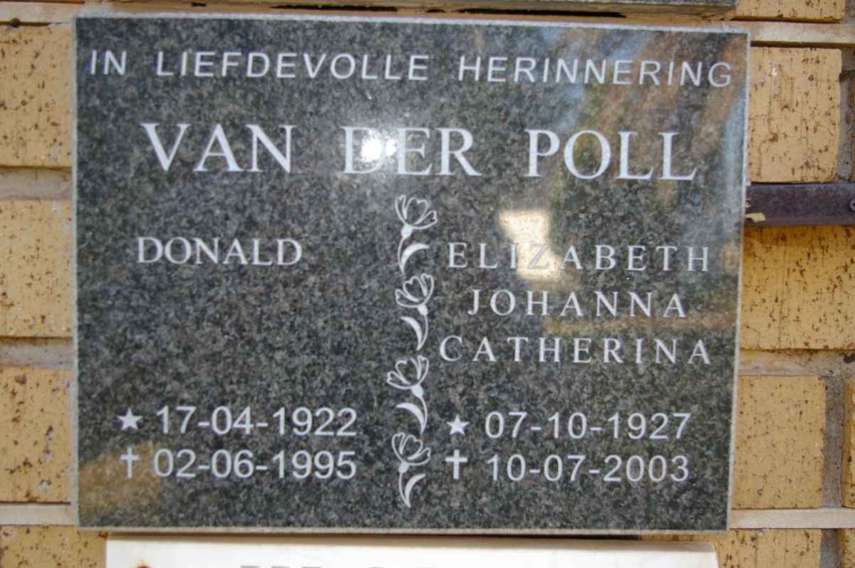 POLL Donald, van der 1922-1995 &amp; Elizabeth Johanna Catherina 1927-2003