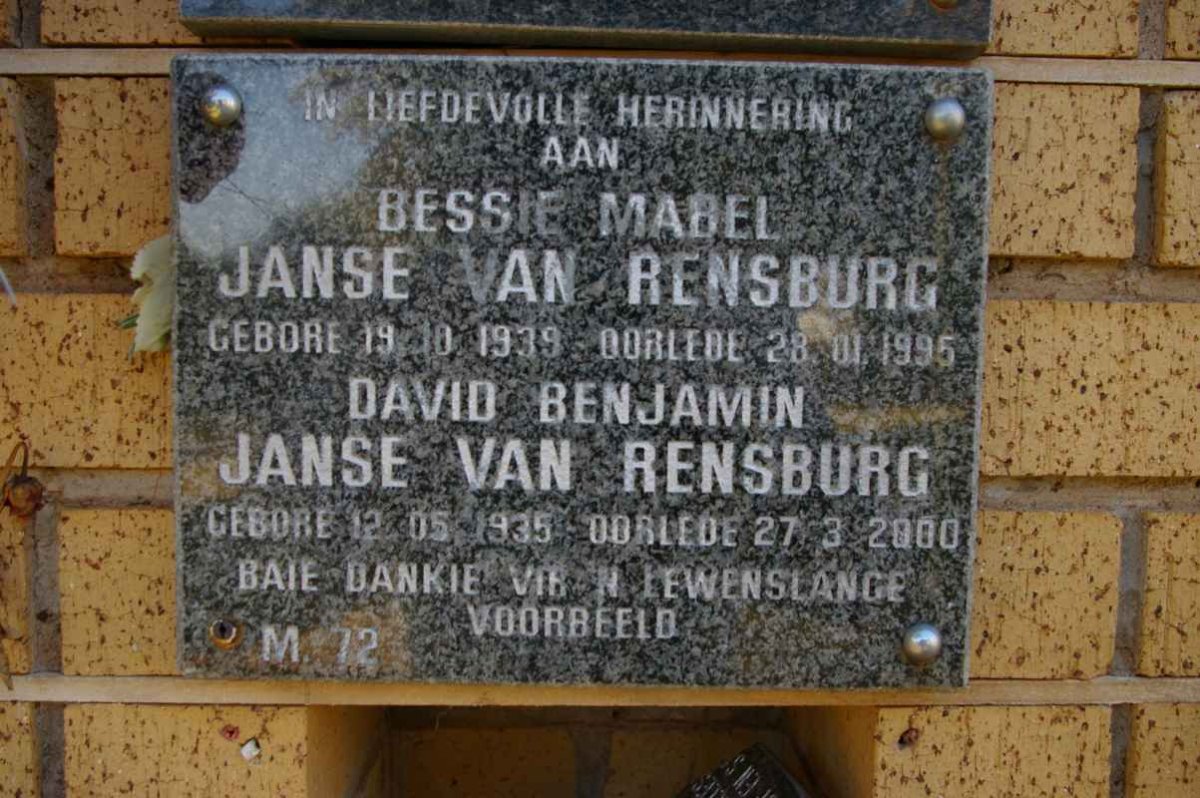 RENSBURG David Benjamin, Janse van 1935-2000 &amp; Bessie Mabel 1939-1995