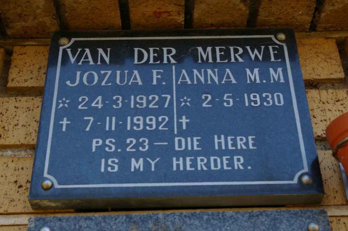 MERWE Jozua F., van der 1927-1992 &amp; Anna M.M. 1930-