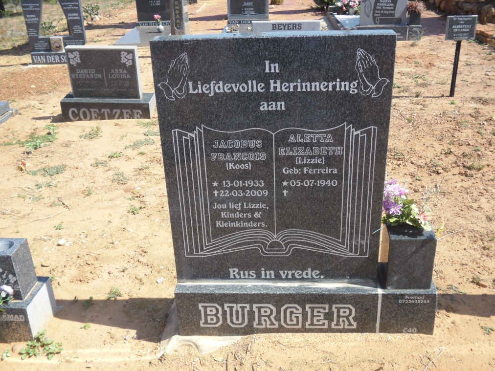 BURGER Jacobus Francois 1933-2009 &amp; Aletta Elizabeth FERREIRA 1940-