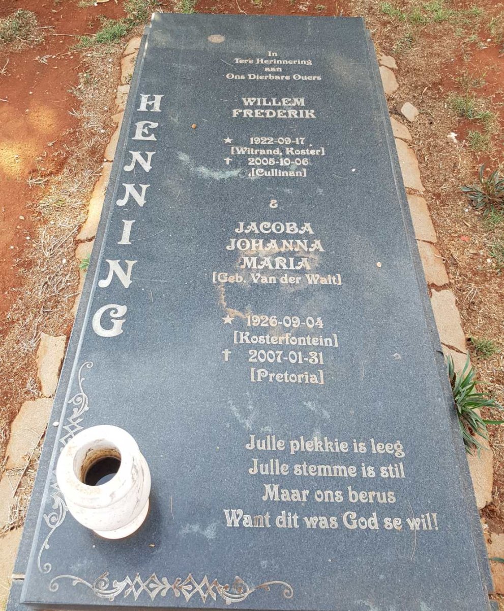HENNING Willem Frederik 1922-2005 &amp; Jacoba Johanna Maria VAN DER WALT 1926-2007