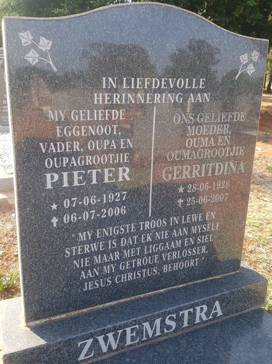 ZWEMSTRA Pieter 1927-2006 &amp; Gerritdina 1928-2007