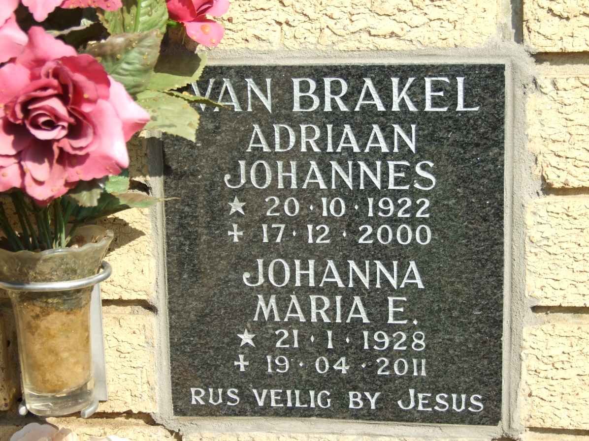 BRAKEL Adriaan Johannes, van 1922-2000 &amp; Johanna Maria E. 1928-2011
