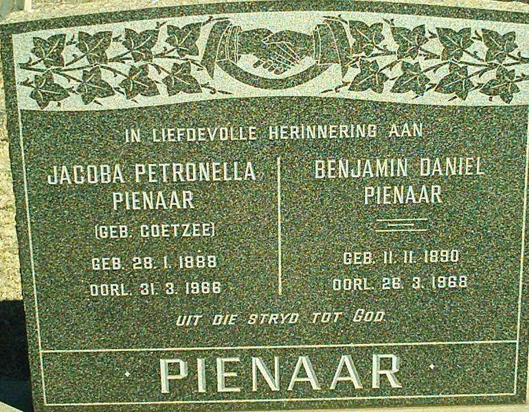 PIENAAR  Benjamin Daniel 1890-1968 &amp; Jacoba Petronella COETZEE 1888-1968