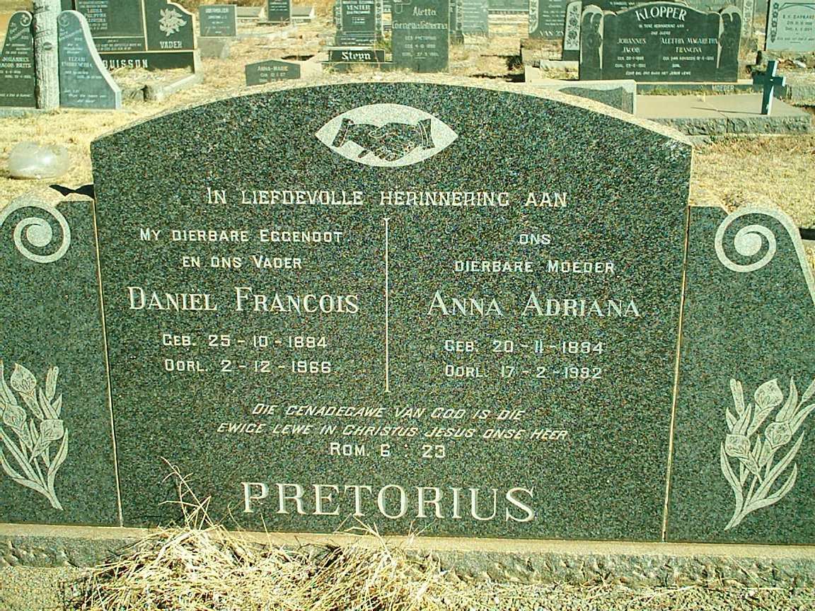 PRETORIUS Daniel Francois 1894-1966 &amp; Anna Adriana 1894-1992