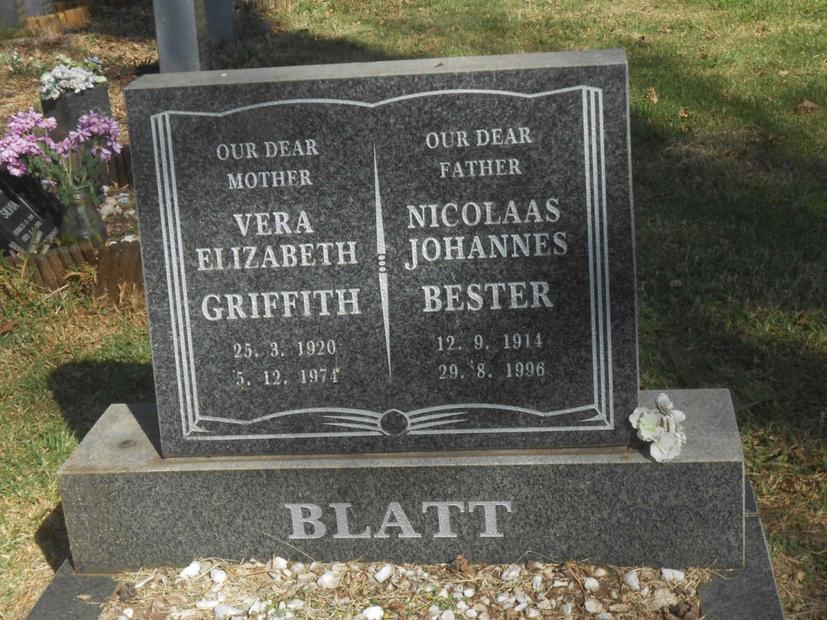 BLATT Nicolaas Johannes Bester 1914-1996 &amp; Vera Elizabeth Griffith 1920-1974