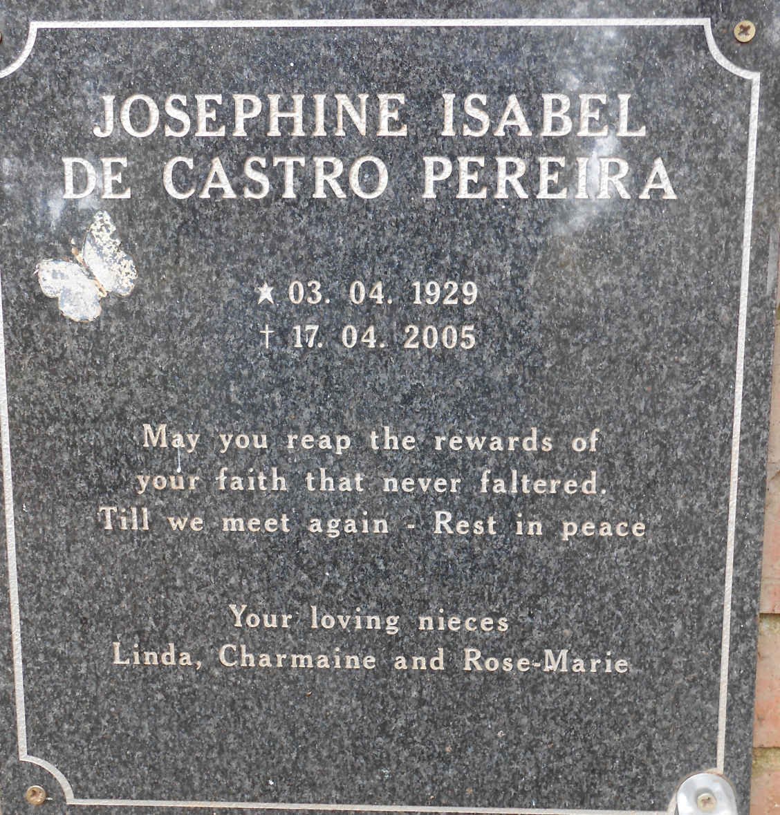 PEREIRA Josephine Isabel De Castro 1929-2005