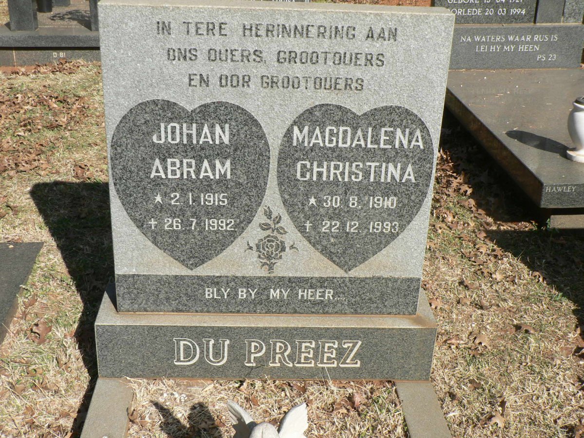 PREEZ Johan Abram, du 1915-1992 &amp; Magdalena Christina 1910-1993