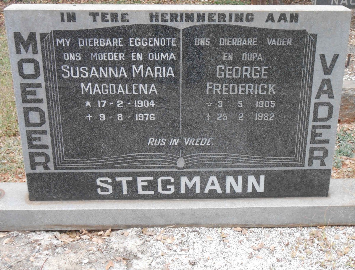 STEGMANN George Frederick 1905-1982 &amp; Susanna Maria Magdalena 1904-1976