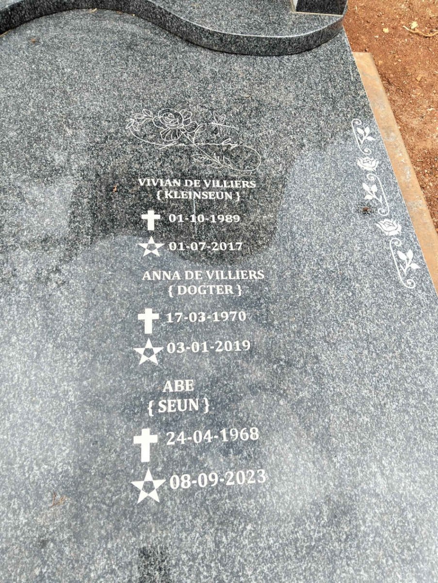 STRYDOM Abe 1968-2023 :: DE VILLIERS Anna 1970-2019 :: DE VILLIERS Vivian 1989-2017
