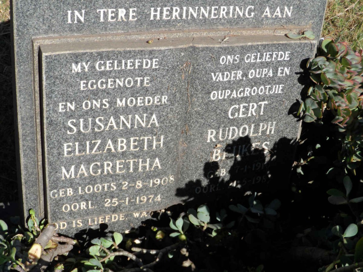 BEUKES Gert Rudolph 1910-1989 &amp; Susanna Elizabeth Magretha LOOTS 1908-1974