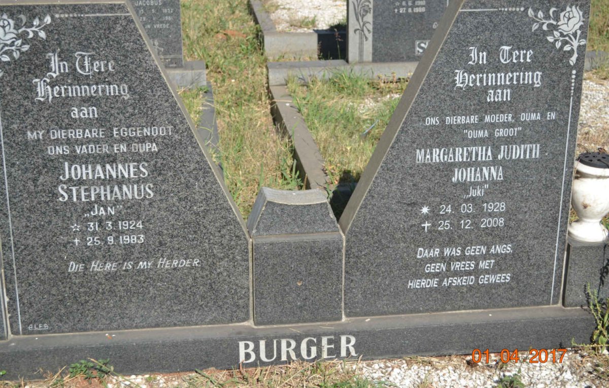 BURGER Johannes Stephanus 1924-1983 &amp; Margaretha Judith Johanna 1928-2008