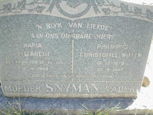 SNYMAN Philippus Christoffel Willem 1879-1947 &amp; Maria Elizabeth VAN BILJON 1887-1949