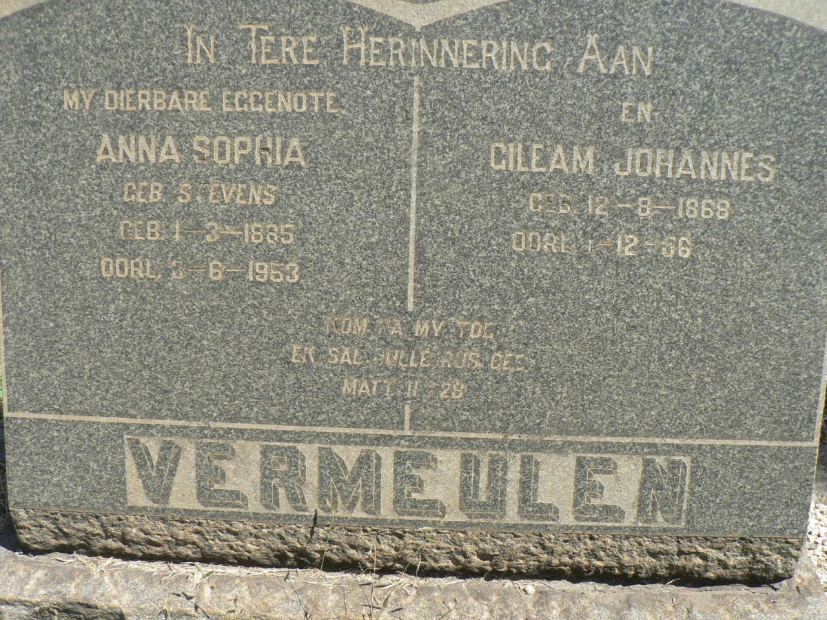 VERMEULEN Gileam Johannes 1868-1956 &amp; Anna Sophia STEVENS 1885-1953