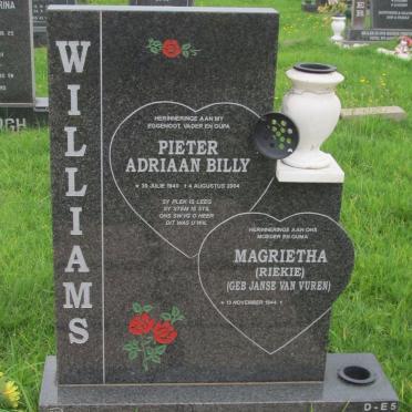 WILLIAMS Pieter Adriaan  1940-2004 &amp; Magrieta JANSE VAN VUREN 1944-
