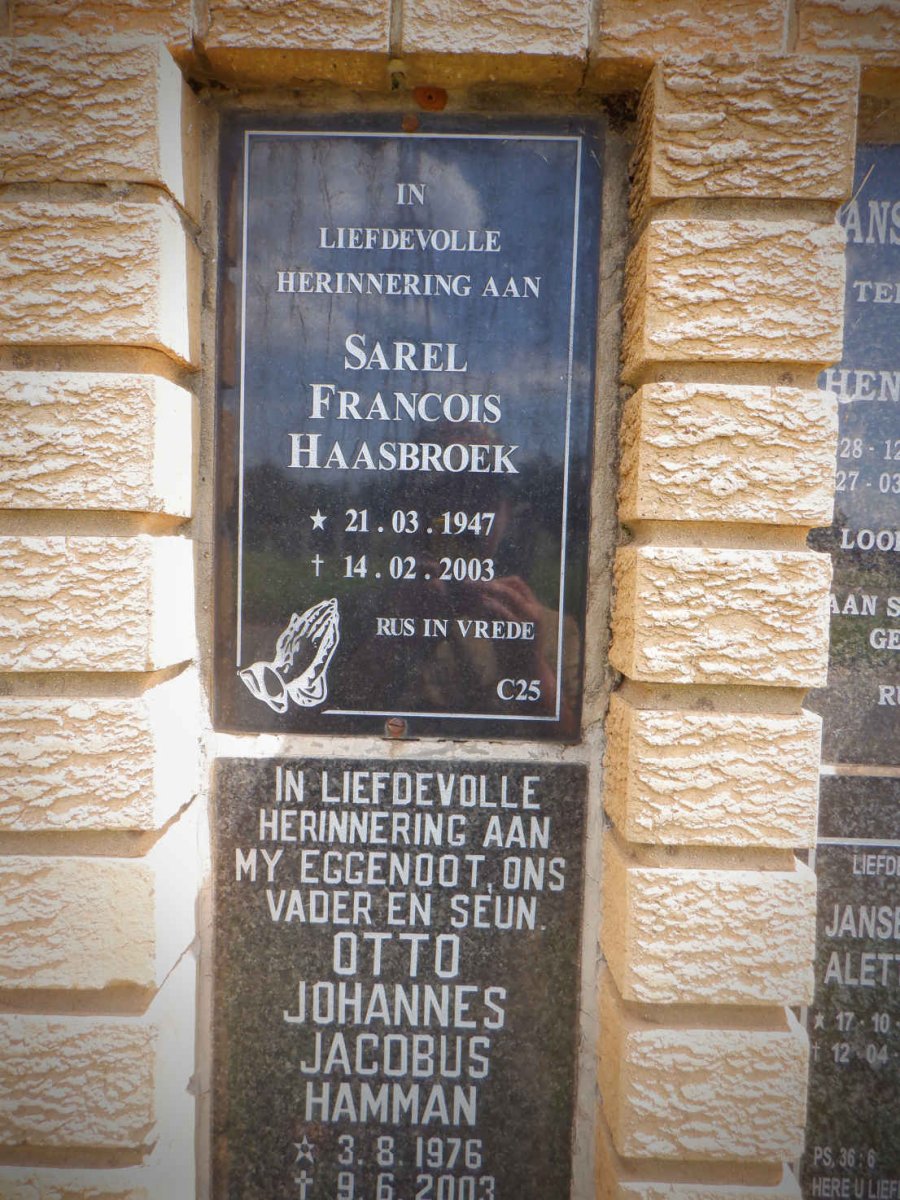 HAASBROEK Sarel Francois 1947-2003 :: HAMMAN Otto Johannes Jacobus 1976-2003 