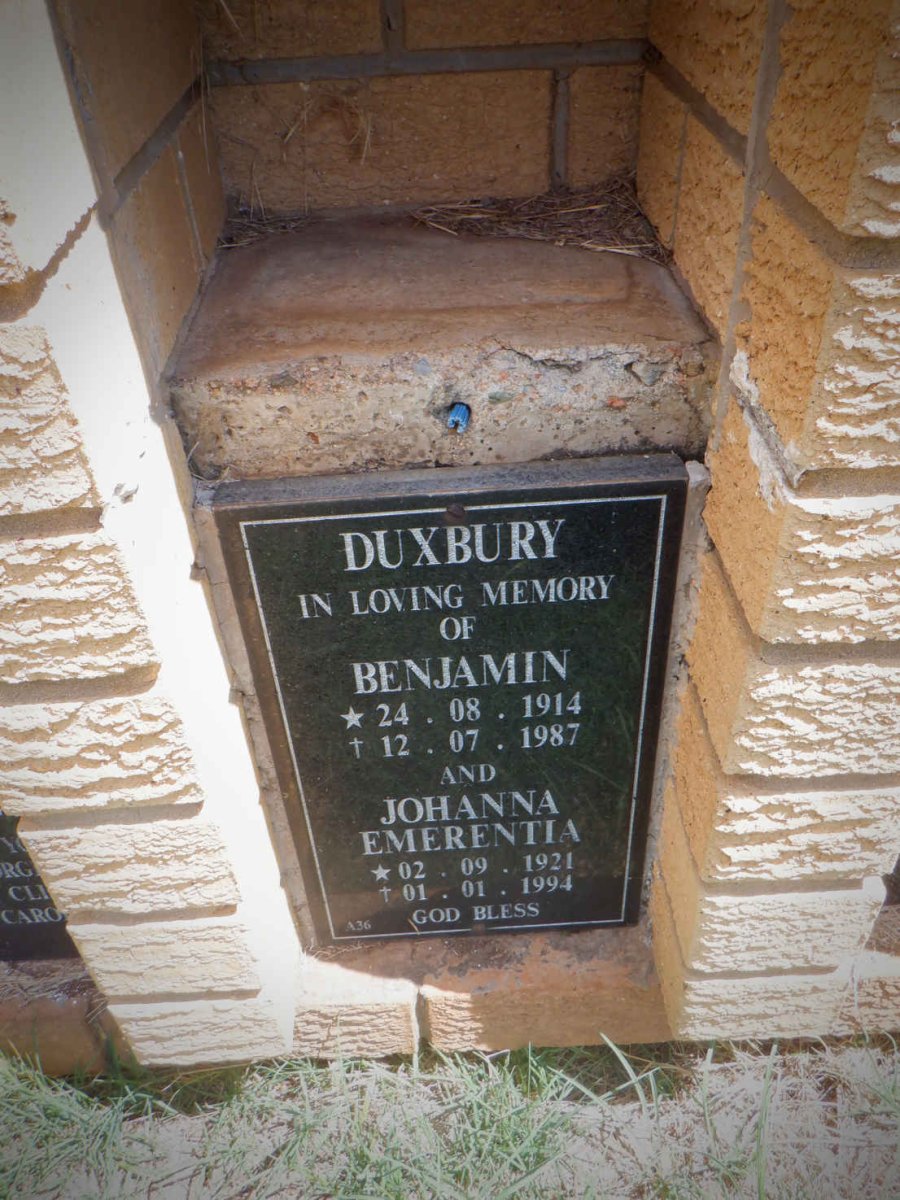 DUXBURY Benjamin 1914-1987 &amp; Johanna Emerentia 1921-1994 