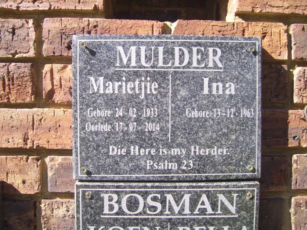 MULDER Marietjie 1933-2014 :: MULDER Ina 1963-