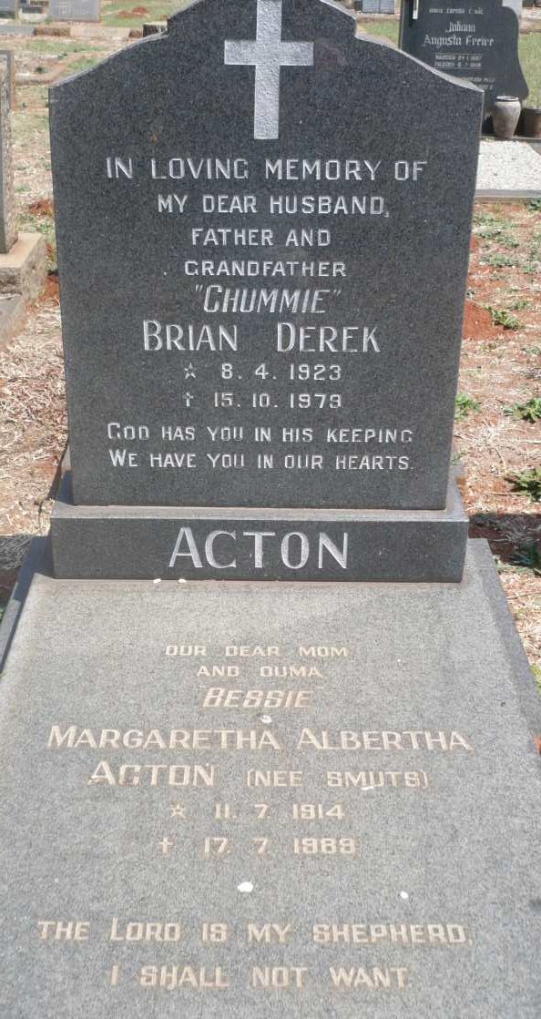 ACTON Brian Derek 1923-1979 &amp; Margaretha Albertha SMUTS 1914-1989