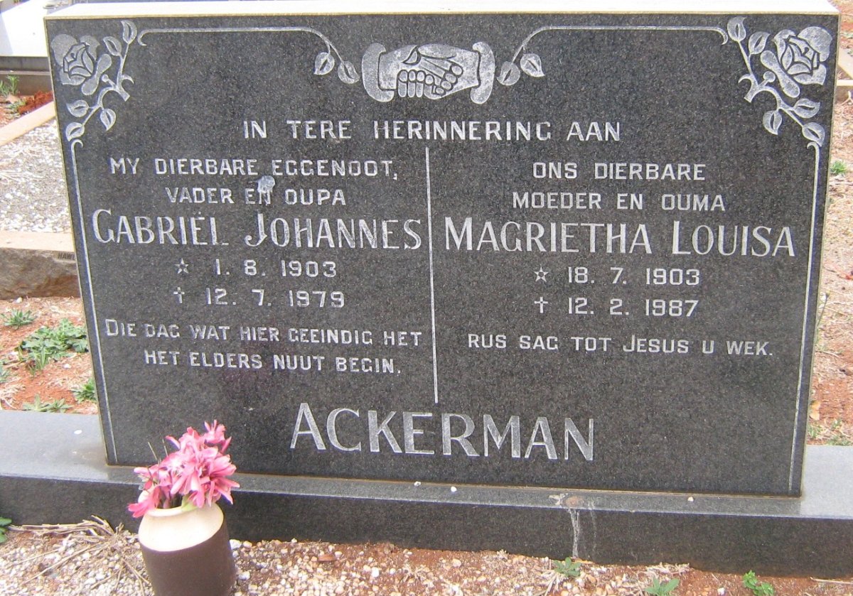 ACKERMAN Gabriël Johannes 1903-1979 &amp; Magrietha Louisa 1903-1987