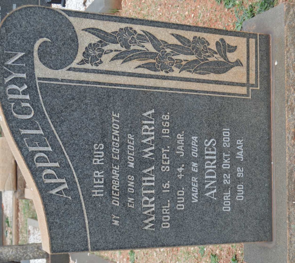 APPELGRYN Andries -2001 &amp; Martha Maria -1956