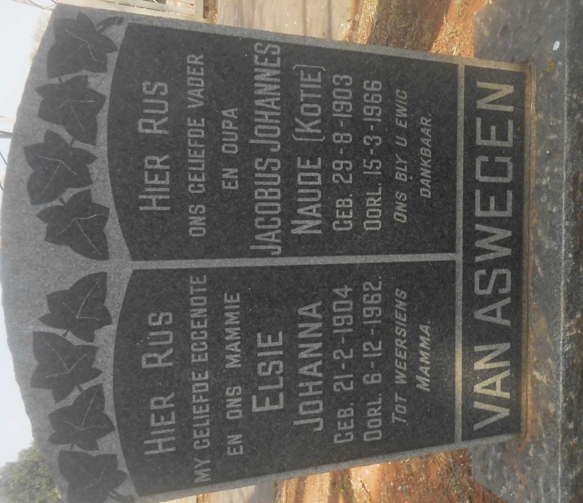 ASWEGEN Jacobus Johannes Naude, van 1903-1966 &amp; Elsie Johanna 1904-1962
