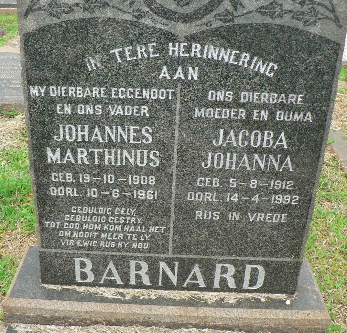 BARNARD Johannes Marthinus 1908-1961 &amp; Jacoba Johanna 1912-1992