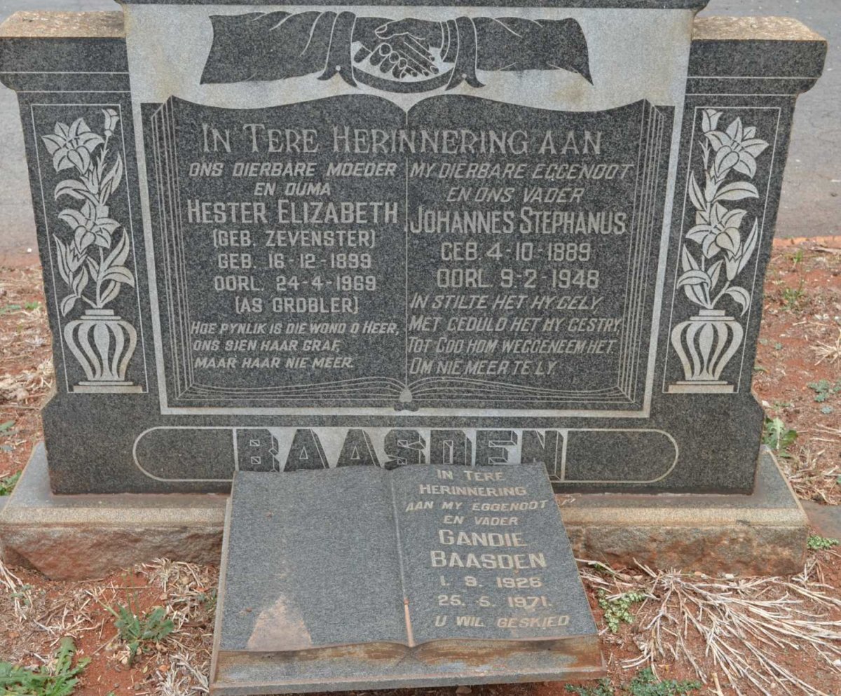 BAASDEN Johannes Stephanus 1889-1948 &amp; GROBLER Hester Elizabeth formerly BAASDEN nee ZEVENSTER 1899-1969