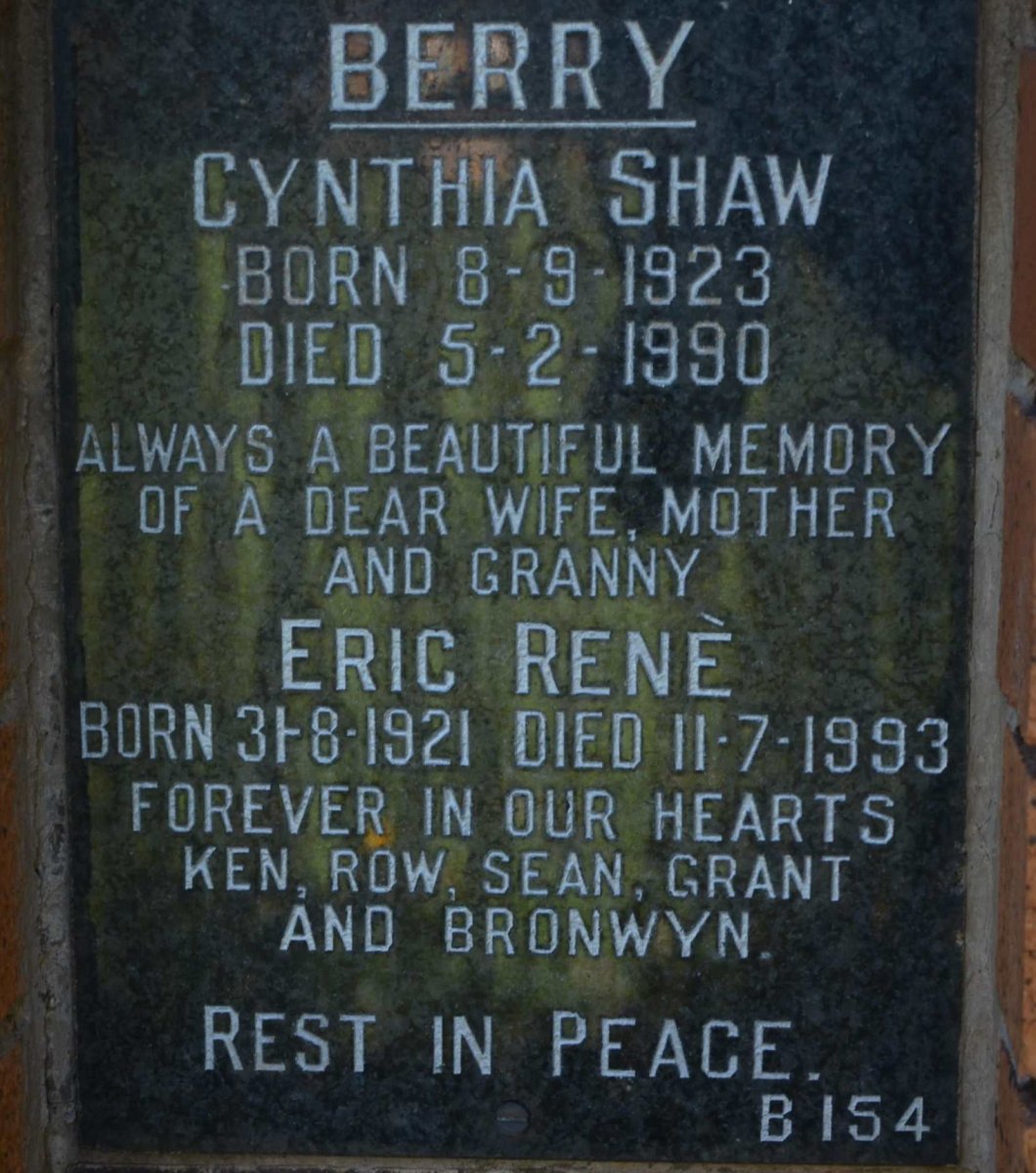 BERRY Eric Renè 1921-1993 &amp; Cynthia Shaw 1923-1990