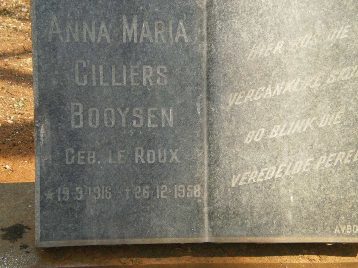 BOOYSEN Anna Maria Cilliers nee le ROUX 1916-1958