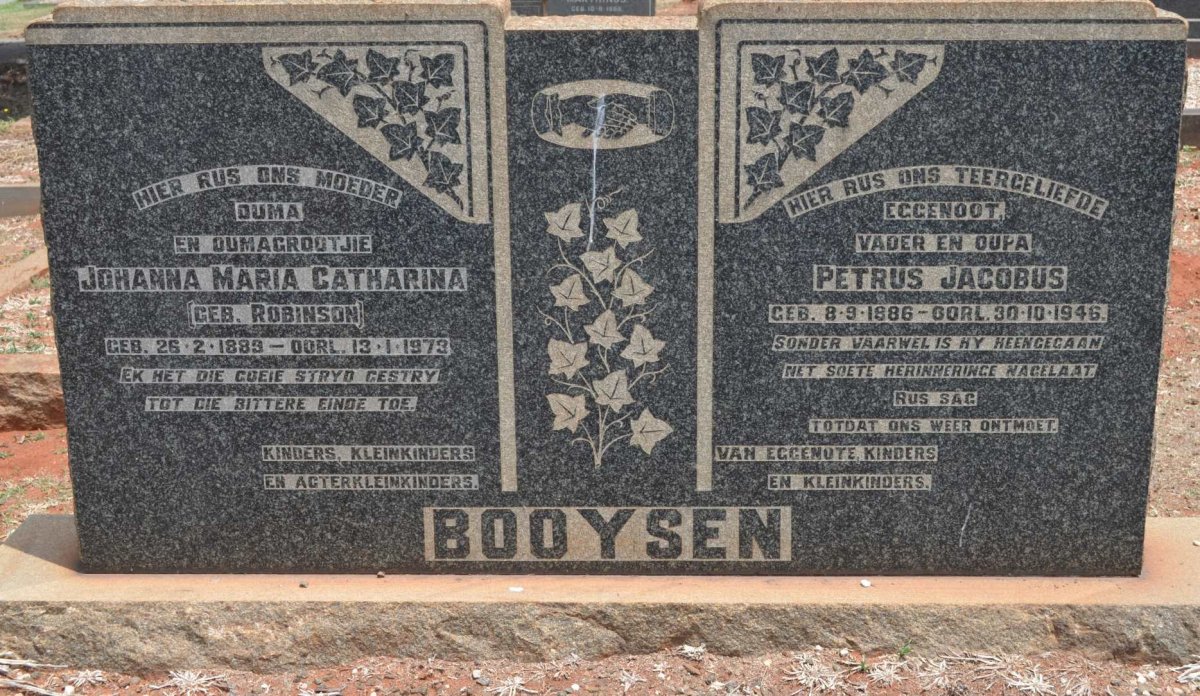 BOOYSEN Petrus Jacobus 1886-1946 &amp; Johanna Maria Catharina ROBINSON 1889-1973