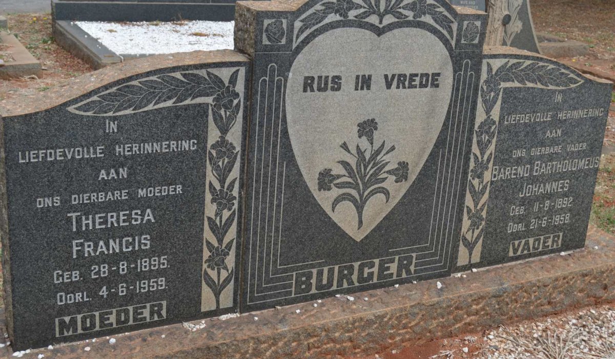 BURGER Barend Bartholomeus Johannes 1892-1958 &amp; Theresa Francis 1895-1959