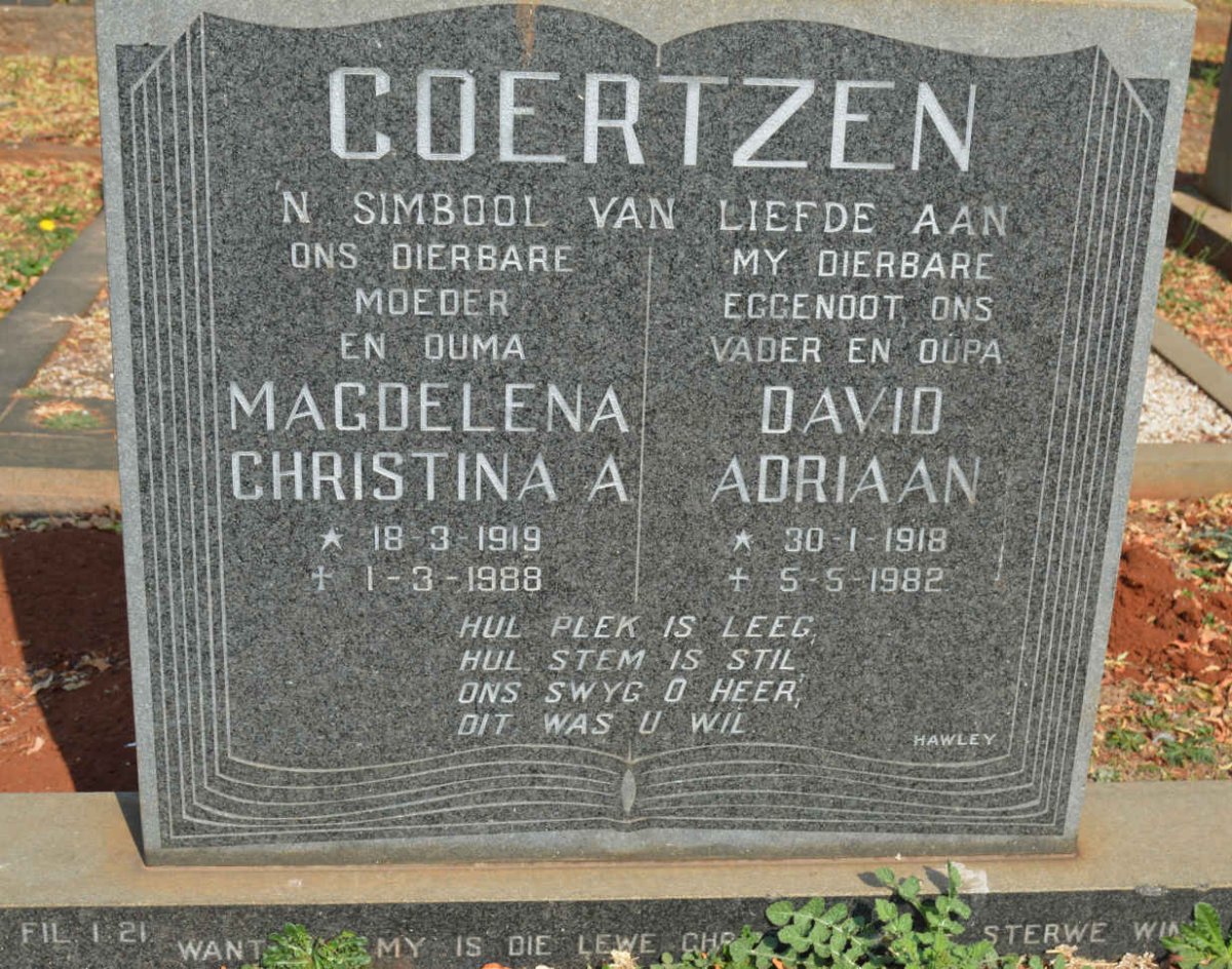 COERTZEN David Adriaan 1918-1982 &amp; Magdelena Christina A. 1919-1988