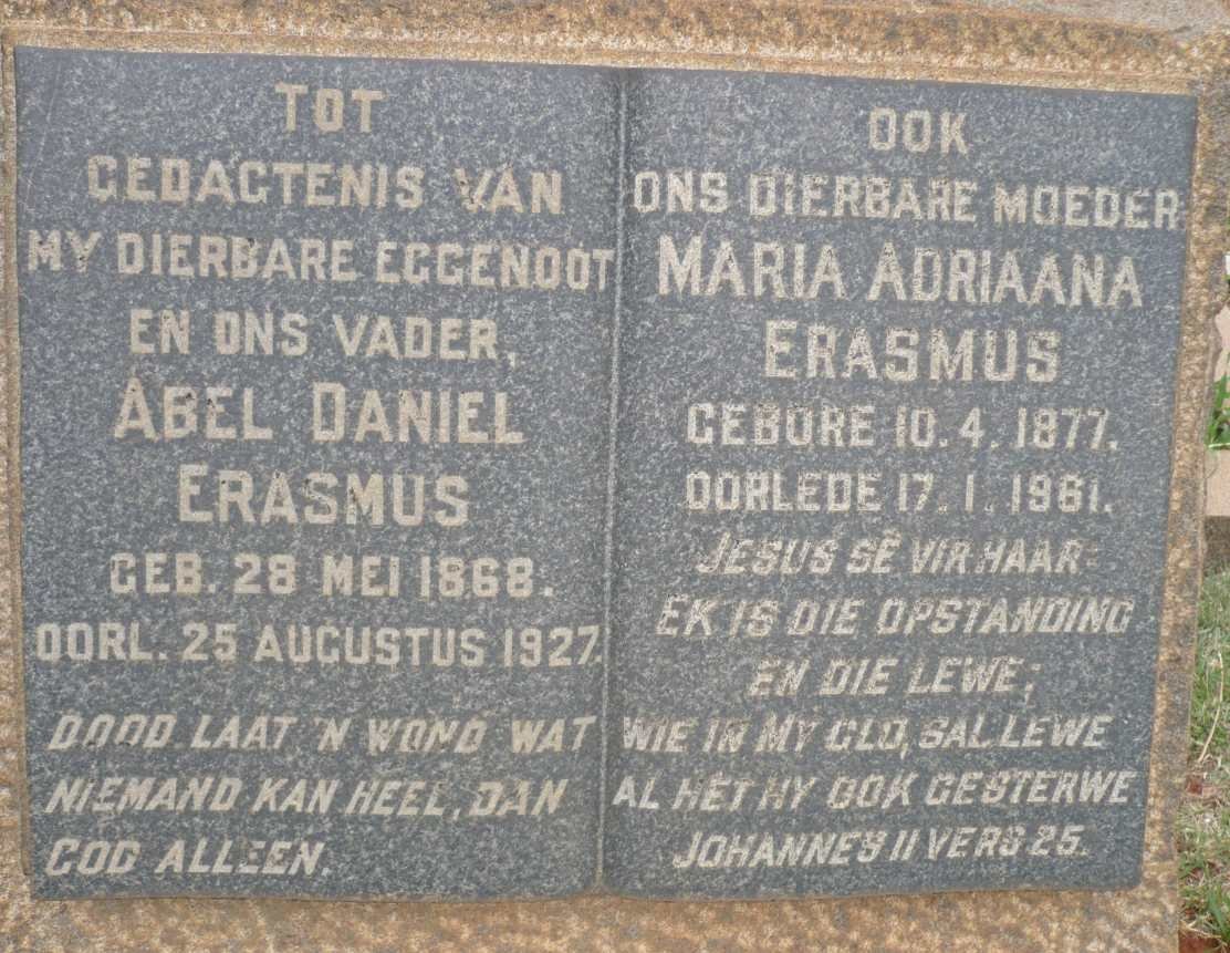 ERASMUS Abel Daniel 1868-1927 &amp; Maria Adriaana 1877-1961