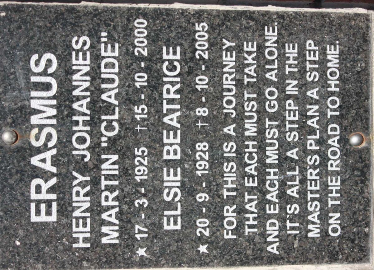 ERASMUS Henry Johannes Martin 1925-2000 &amp; Elsie Beatrice 1928-2005