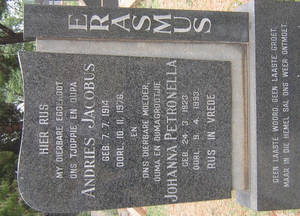 ERASMUS Andries Jacobus 1914-1976 &amp; Johanna Petronella 1923-1993