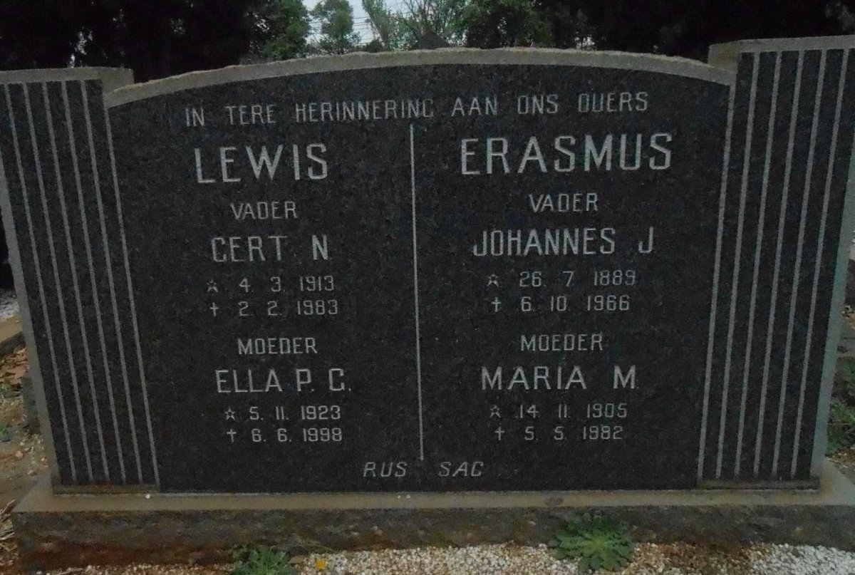 ERASMUS Johannes J. 1889-1966 &amp; Maria M. 1905-1982 :: LEWIS Gert N. 1913-1983 &amp; Ella P.G. 1923-1998