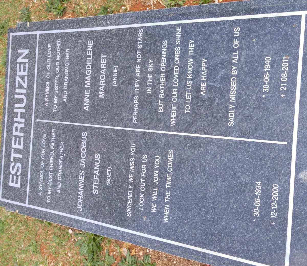 ESTERHUIZEN Johannes Jacobus Stefanus 1934-2000 &amp; Anne Magdelene Margaret 1940-2011