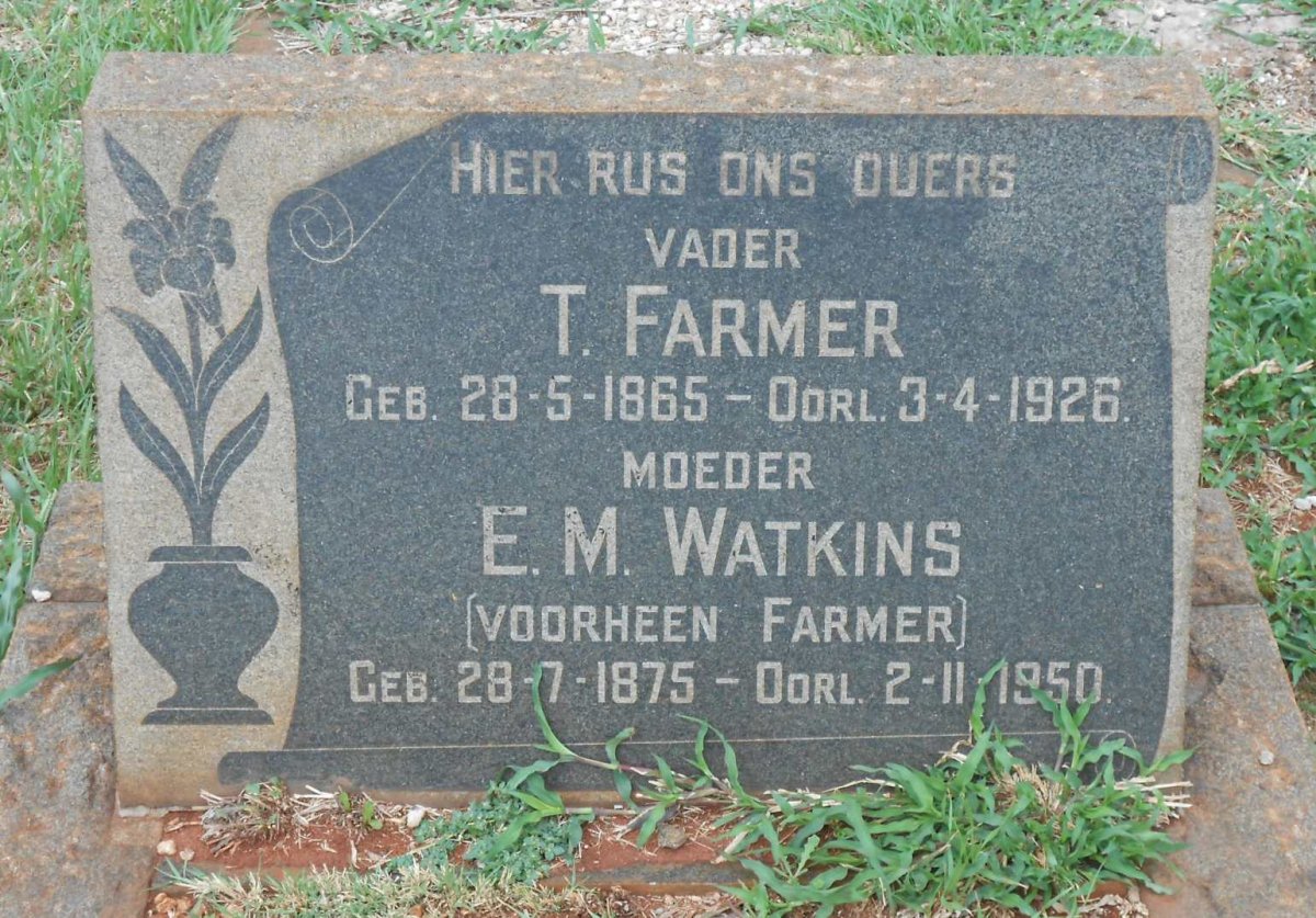 FARMER T. 1865-1926 &amp; E.M. WATKINS voorheen FARMER 1875-1950