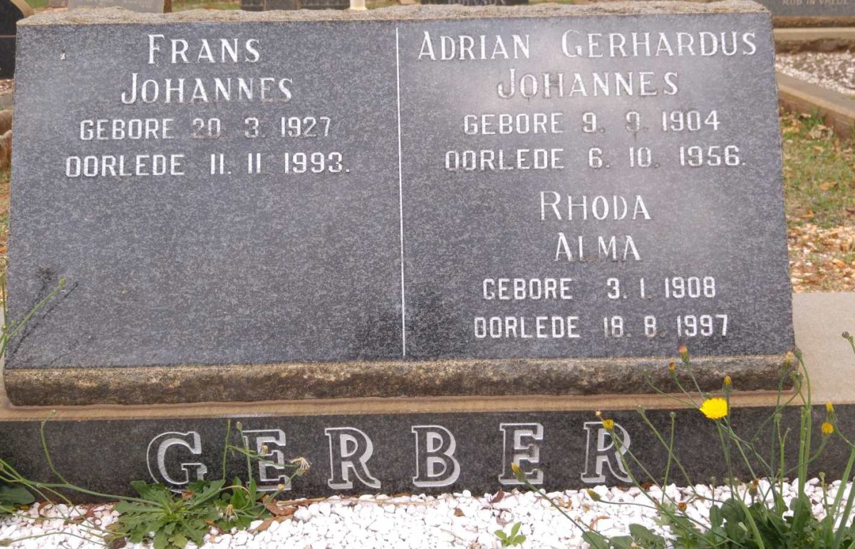 GERBER Adrian Gerhardus Johannes 1904-1956 &amp; Rhoda Alma 1908-1997 :: GERBER Frans Johannes 1927-1993 