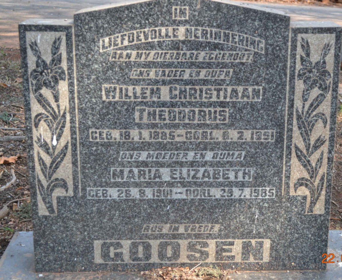 GOOSEN Willem Christiaan Theodorus 1885-1951 &amp; Maria Elizabeth 1901-1985